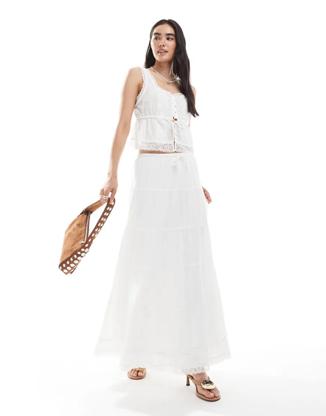  Vero Moda Falda Larga Blanca Escalonada De Estilo Boho Con Ribete De Encaje De Vero Moda (parte De Un Conjunto)-blanco 