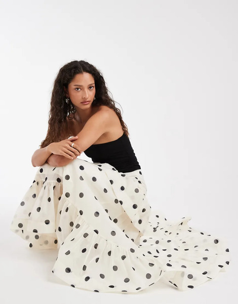  Vero Moda Vero Moda - Falda Larga Color Crema Con Estampado De Lunares Negros Y Detalle De Volantes Exagerados-blanco 