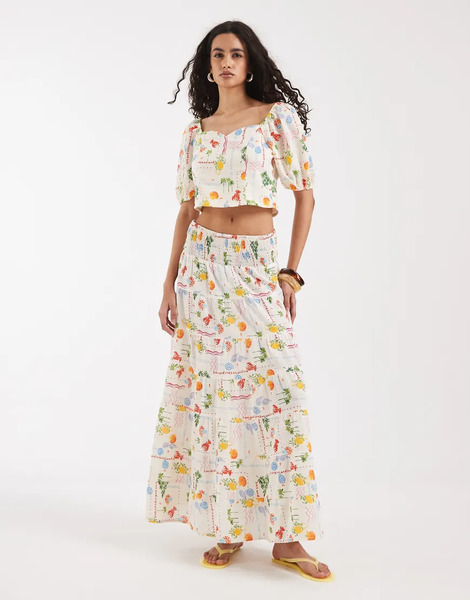  Vero Moda Vero Moda - Falda Larga Color Crema Con Estampado Marino Y Cintura Fruncida (parte De Un Conjunto)-blanco 