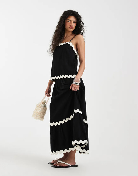  Vero Moda Falda Larga Negra Escalonada De Corte Amplio Con Ribetes Festoneados En Contraste De Vero Moda (parte De Un Conjunto)-negro 