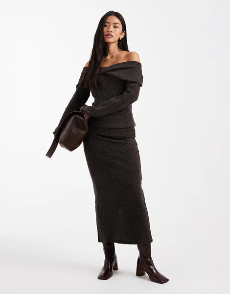  Vero Moda Falda Midi Marrón Chocolate Melange Con Cinturilla Plegada De Tejido Suave De Vero Moda (parte De Un Conjunto)-brown 