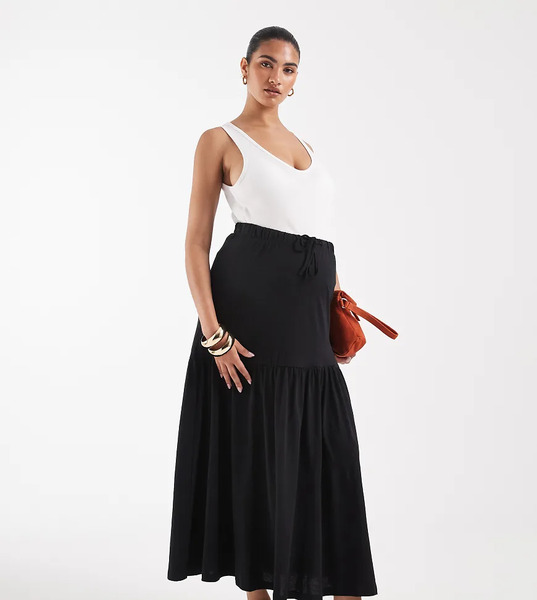  Vero Moda Maternity Vero Moda Maternity - Falda Larga Negra Escalonada De Estilo Boho Con Lazada En La Cintura De Punto Liso-negro 