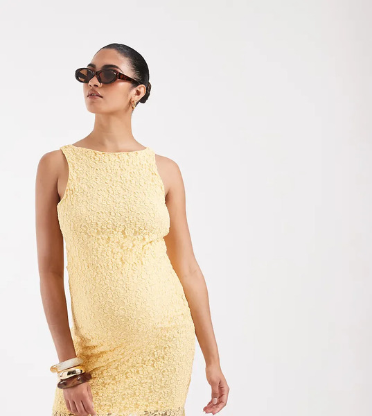  Vero Moda Maternity Vero Moda Maternity - Vestido Corto Amarillo Dorado Elástico Sin Mangas Con Cuello Barco De Encaje Floral 
