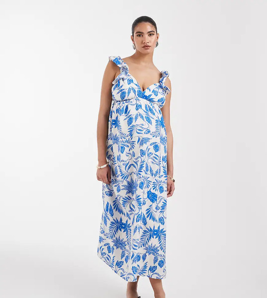  Vero Moda Maternity Vestido Largo Azul Con Estampado Floral, Cuello De Pico Y Volantes En Los Hombros De Vero Moda Maternity-blanco 
