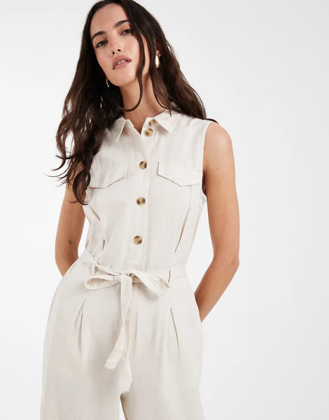  Vero Moda Mono Largo Color Crema Utilitario Con Lazada En La Cintura De Tejido Efecto Lino De Vero Moda-blanco 