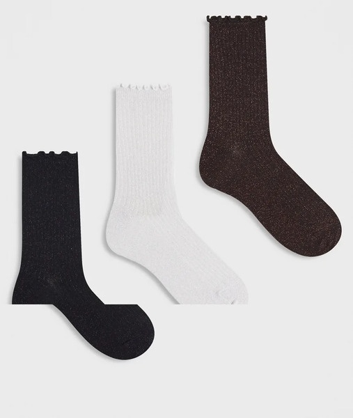  Vero Moda Pack De 3 Pares De Calcetines De Color Negro, Blanco Y Chocolate Con Purpurina Y Bordes Con Volantes De Vero Moda-multicolor 
