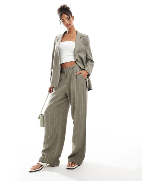  Vero Moda Pantalones Caquis A Rayas Con Pinzas Delanteras De Tejido Efecto Lino De Vero Moda (parte De Un Conjunto)-verde 