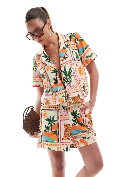  Vero Moda Pantalones Cortos Sin Cierres Con Estampado De Postales Tropicales De Vero Moda (parte De Un Conjunto)-multicolor 