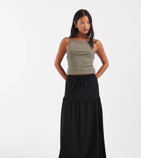  Vero Moda Petite Vero Moda Petite - Falda Larga Negra Escalonada De Estilo Boho Con Lazada En La Cintura De Punto Liso-negro 