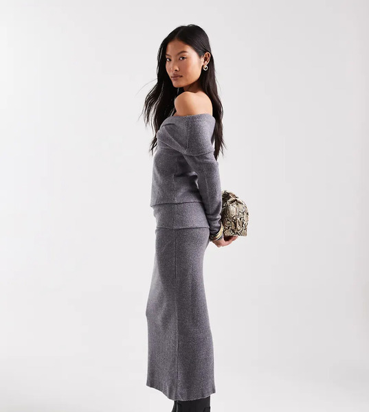  Vero Moda Petite Falda Midi Gris Jaspeado Con Cinturilla Plegada De Tejido Suave De Vero Moda Petite (parte De Un Conjunto)-brown 