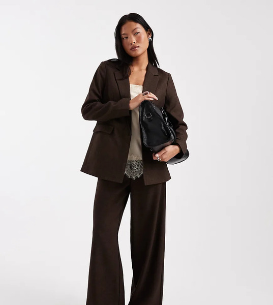  Vero Moda Petite Pantalones De Sastre Marrón Chocolate De Pernera Ancha De Tejido Efecto Tweed De Vero Moda Petite (parte De Un Conjunto)-brown 