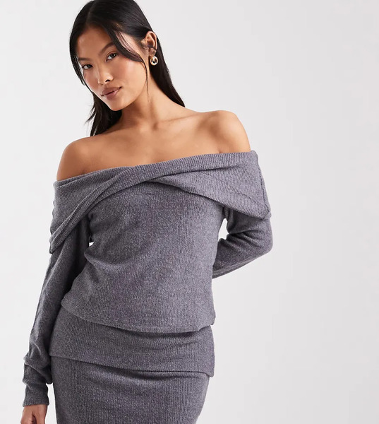  Vero Moda Petite Top Gris Jaspeado De Manga Larga Con Escote Bardot De Tejido Suave De Vero Moda Petite (parte De Un Conjunto) 