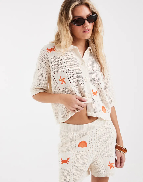  Vero Moda Vero Moda - Polo Color Crema De Manga Corta Con Bordado De Cangrejos De Croché (parte De Un Conjunto)-blanco 