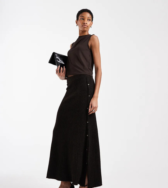  Vero Moda Tall Falda Midi Marrón Chocolate Jaspeado Con Botones Laterales De Punto Acanalado De Vero Moda Tall-brown 