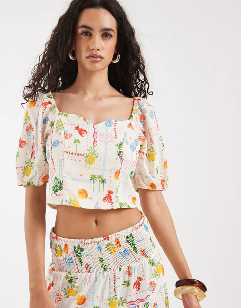  Vero Moda Vero Moda - Top Color Crema Amplio De Manga Corta Con Estampado Marino (parte De Un Conjunto)-blanco 