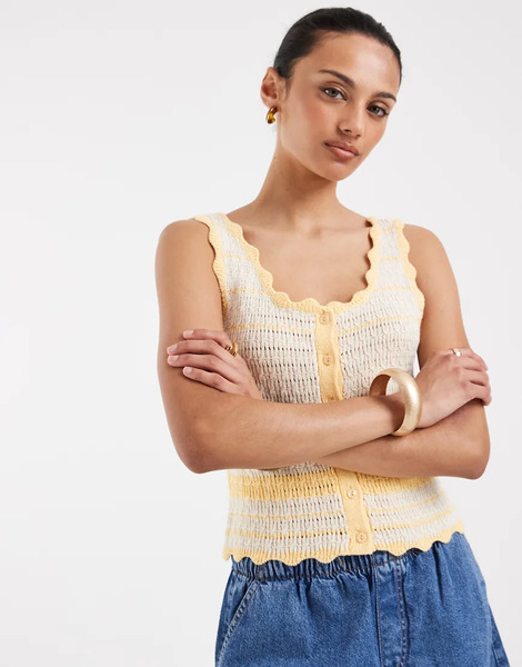  Vero Moda Vero Moda - Top Color Crema Y Amarillo Sin Mangas Con Botones Delanteros Y Pespuntes En Contraste De Croché-blanco 
