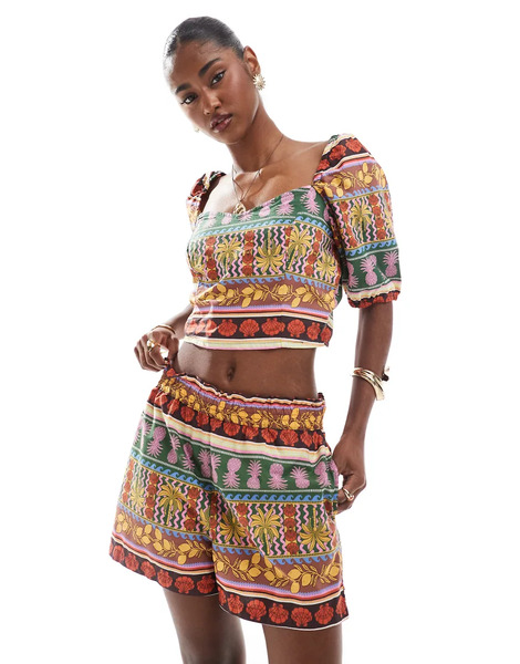 Vero Moda Top Corto Multicolor Con Mangas Abullonadas Y Estampado Tropical Veraniego De Vero Moda (parte De Un Conjunto) 