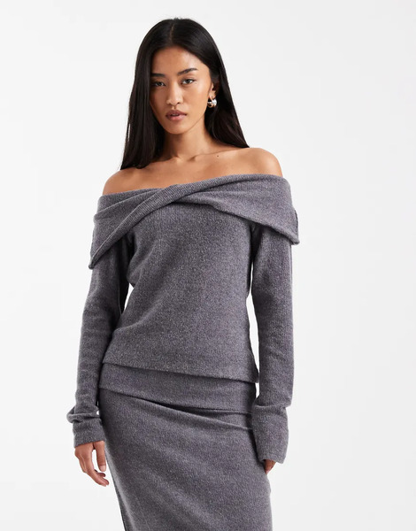  Vero Moda Top Gris Melange De Manga Larga Con Escote Bardot De Tejido Suave De Vero Moda (parte De Un Conjunto) 