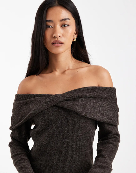  Vero Moda Top Marrón Chocolate Melange De Manga Larga Con Escote Bardot De Tejido Suave De Vero Moda (parte De Un Conjunto)-brown 