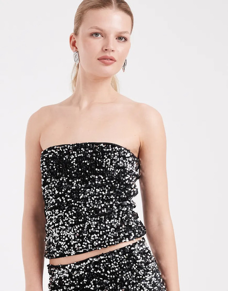  Vero Moda Top Negro Y Plateado Con Escote Palabra De Honor De Tejido Texturizado Y Lentejuelas De Vero Moda (parte De Un Conjunto) 