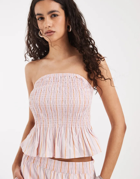  Vero Moda Vero Moda - Top Rosa A Rayas Naranjas Fruncido Con Escote Palabra De Honor Y Bajo De Sobrefalda De Popelina (parte De Un Conjunto) 