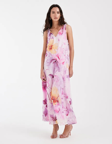  Vero Moda Vestido Midi Lila Con Estampado Floral Extragrande, Cuello De Pico Y Godets Moldeadores De Chifón De Vero Moda-rosa 