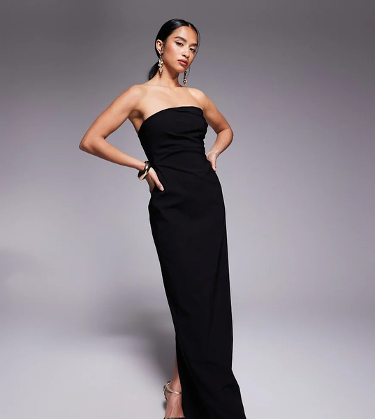  Vesper Petite Vestido Largo Negro Con Escote Palabra De Honor Y Detalle Drapeado En La Cintura De Bengalina De Vesper Petite 