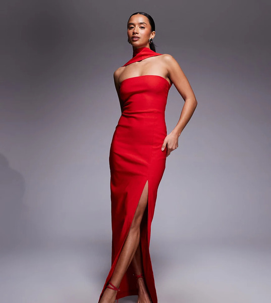  Vesper Petite Vestido Largo Rojo Con Escote Palabra De Honor, Abertura Lateral Y Detalle De Gargantilla De Bengalina De Vesper Petite 
