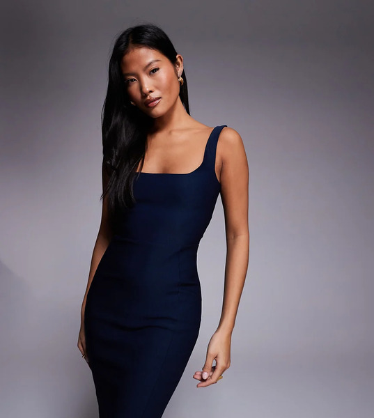  Vesper Petite Vestido Midi Azul Marino Sin Mangas De Corte Sirena Con Escote Cuadrado De Bengalina De Vesper Petite 