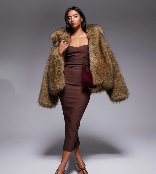 Vesper Petite Vestido Semilargo Marrón Chocolate Con Escote Corazón Y Parte Delantera Fruncida De Bengalina De Vesper Petite-brown 