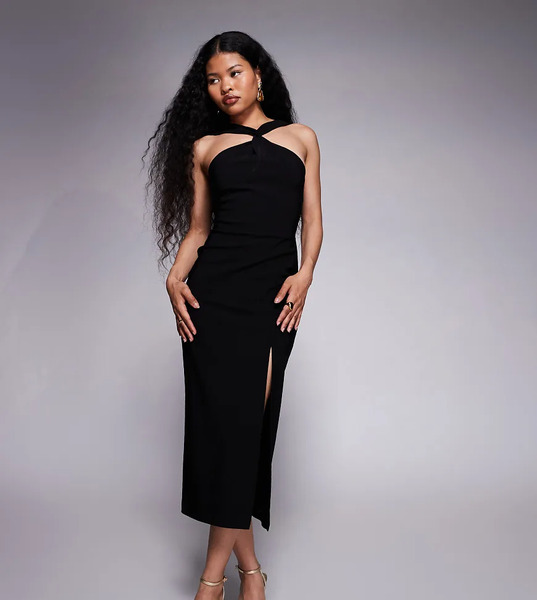  Vesper Petite Vestido Semilargo Negro Con Cuello Halter Subido, Detalle Retorcido En La Parte Delantera Y Abertura Lateral De Bengalina De Vesper Petite 