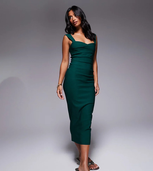  Vesper Petite Vestido Semilargo Verde Bosque Con Escote Corazón Y Parte Delantera Fruncida De Bengalina De Vesper Petite 