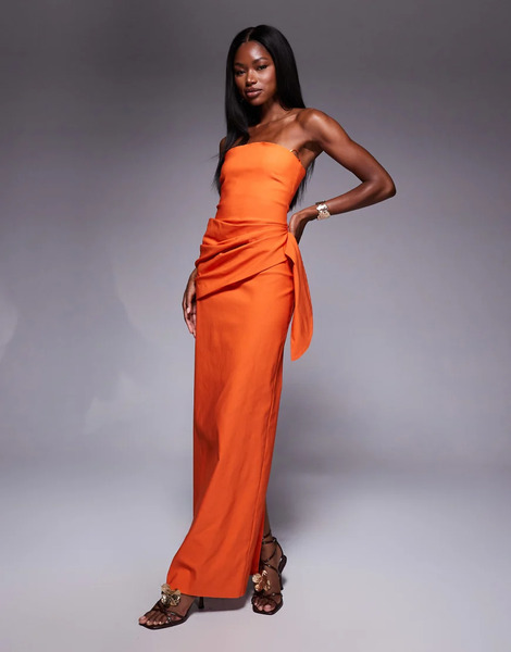  Vesper Vestido Largo Naranja Con Escote Palabra De Honor Y Detalle Drapeado En La Parte Delantera De Bengalina De Vesper 