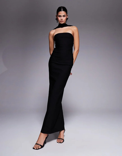  Vesper Vestido Largo Negro Con Escote Palabra De Honor, Detalle De Gargantilla Y Botones Traseros De Bengalina De Vesper 
