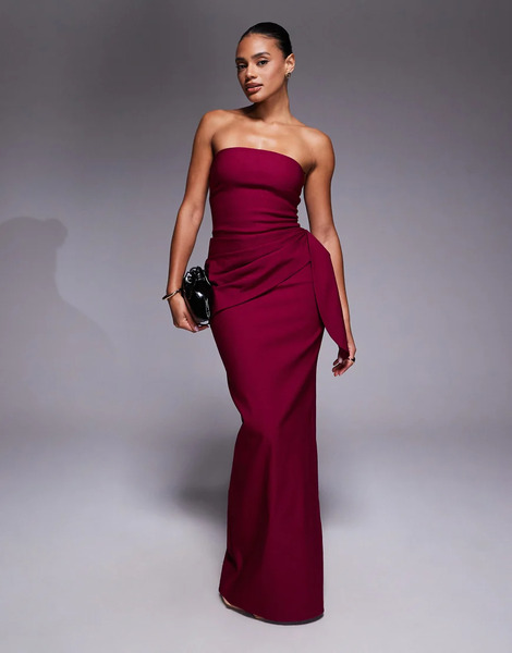  Vesper Vestido Largo Rosa Baya Con Detalle Colgante En La Parte Delantera Y Escote Palabra De Honor De Bengalina De Vesper 