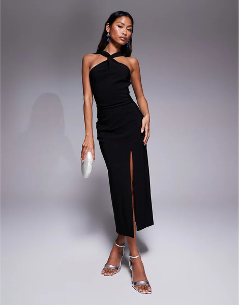  Vesper Vestido Semilargo Negro De Cuello Halter Con Detalle Retorcido En La Parte Delantera Y Abertura Lateral De Bengalina De Vesper 