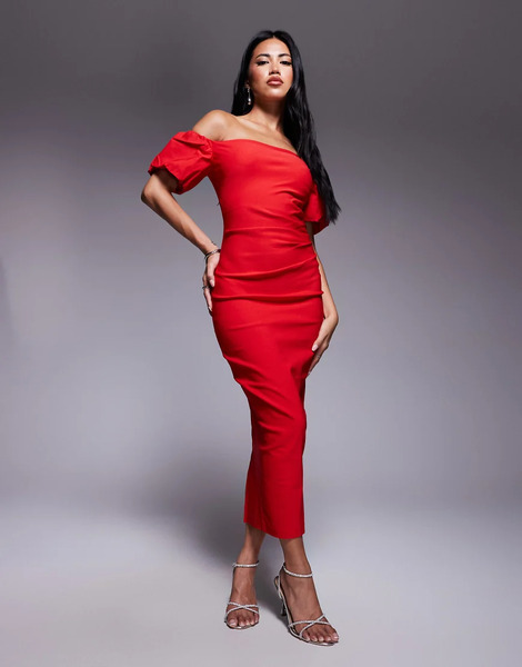  Vesper Vestido Semilargo Rojo Con Mangas Abullonadas, Lateral Fruncido Y Escote Bardot De Bengalina De Vesper 