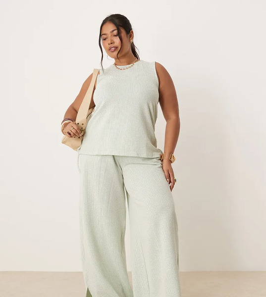  Vila Curve Pantalones Verdes Y Color Crema A Rayas De Pernera Ancha De Tejido Texturizado De Vila Curve (parte De Un Conjunto) 
