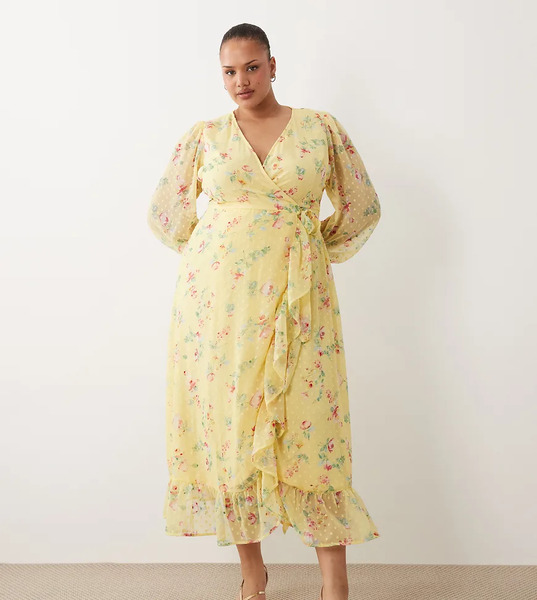  Vila Curve Vestido Largo Amarillo Pastel Cruzado Con Estampado Floral Y Detalle De Volante De Plumeti De Vila Curve 