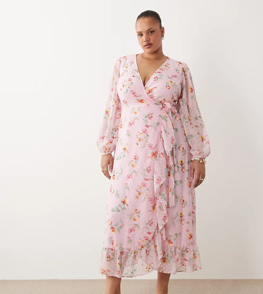  Vila Curve Vestido Largo Rosa Flor De Cerezo Cruzado Con Estampado Floral Y Detalle De Volante De Plumeti De Vila Curve 