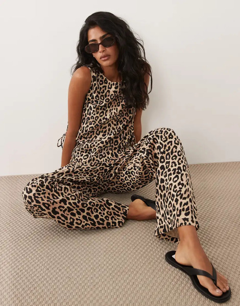  Vila Pantalones De Pernera Ancha Con Estampado De Leopardo De Tejido Efecto Lino De Vila (parte De Un Conjunto)-rojo 