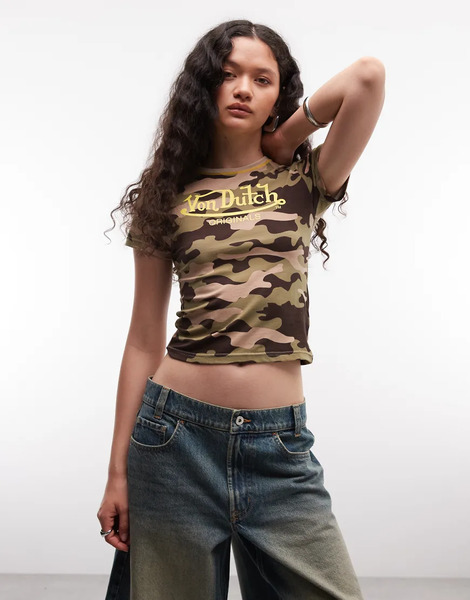  Von Dutch Von Dutch - Camiseta Con Estampado De Camuflaje Estilo Años 2000, Gráfico Delantero Y Diseño Encogido-multicolor 