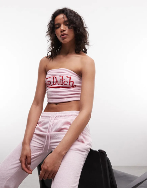  Von Dutch Von Dutch - Top Corto Rosa De Estilo Años 2000 Con Estampado Gráfico En Contraste Y Escote Palabra De Honor De Velour (parte De Un Conjunto De 3 Piezas) 