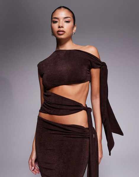  Wanderdoll Body Marrón Expreso Con Hombro Caído Con Lazada Drapeada De Tejido Texturizado Premium Noa De Wanderdoll (parte De Un Conjunto)-brown 