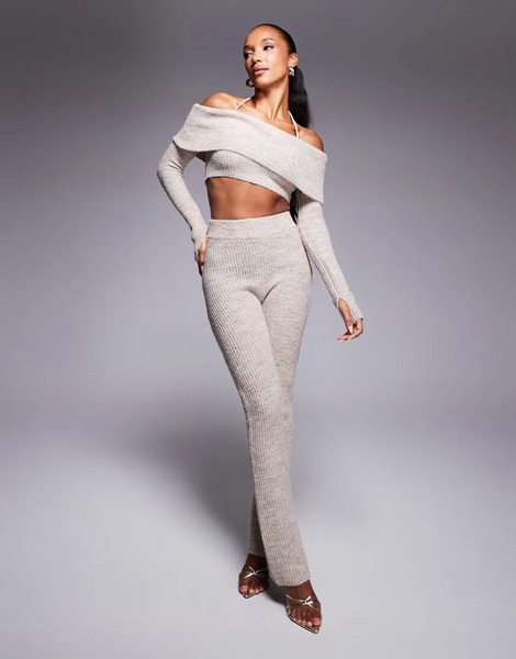  Wanderdoll Conjunto Color Avena De Pantalones Y Top Corto Con Escote Bardot De Punto Carrie De Wanderdoll-beis Neutro 