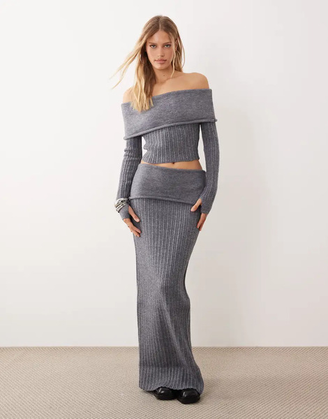  Wanderdoll Falda Larga Gris Carbón Acanalada Con Cinturilla Plegada Ancha De Punto Texturizado Mollie De Wanderdoll (parte De Un Conjunto) 