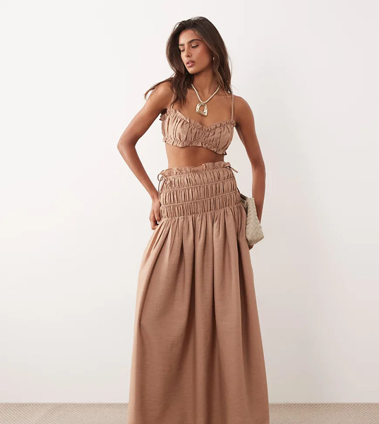  Wanderdoll Falda Larga Marrón Moca Con Cintura Baja Fruncida Con Lazada De Tejido Efecto Lino Soulie De Wanderdoll (parte De Un Conjunto)-brown 