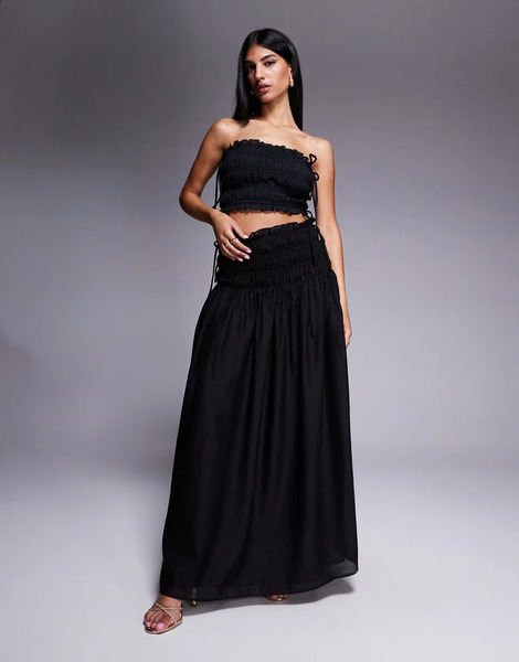  Wanderdoll Falda Larga Negra Fruncida Con Cintura Baja, Ribete De Volantes Y Detalle De Lazada De Tejido Efecto Lino Soulie De Wanderdoll (parte De Un Conjunto)-negro 