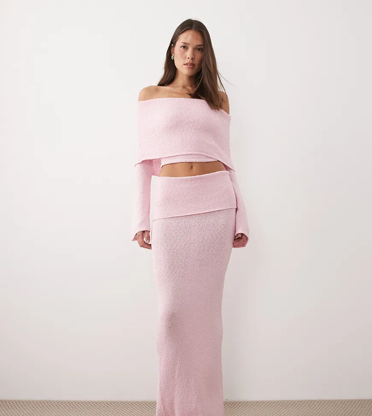  Wanderdoll Falda Larga Rosa Pastel Con Cintura Ancha Plegada De Punto De Bouclé Yasmin De Wanderdoll (parte De Un Conjunto) 