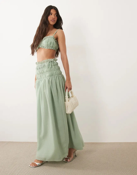  Wanderdoll Falda Larga Verde Salvia Con Cintura Baja Fruncida Con Lazada De Tejido Efecto Lino Soulie De Wanderdoll (parte De Un Conjunto) 